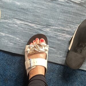 Marc Fisher White and Silver Slide Sandals